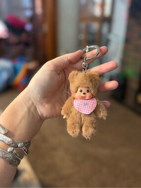 Brown Plush Keychain with Pink Gingham Bib - Small vintage Accessory
